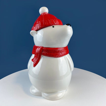Polar Bear in Red Hat Cookie Jar. Cute, Animal Themed Kitchen Storage Canister or Kids' Room Decor. Holiday Dining Room Decor. - Tampa Home & Garden Store