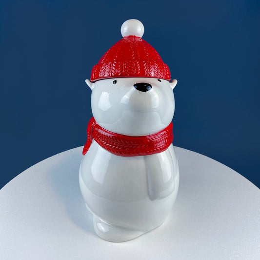 Polar Bear in Red Hat Cookie Jar. Cute, Animal Themed Kitchen Storage Canister or Kids' Room Decor. Holiday Dining Room Decor. - Tampa Home & Garden Store