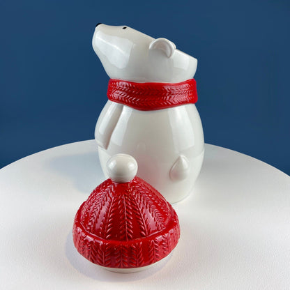 Polar Bear in Red Hat Cookie Jar. Cute, Animal Themed Kitchen Storage Canister or Kids' Room Decor. Holiday Dining Room Decor. - Tampa Home & Garden Store