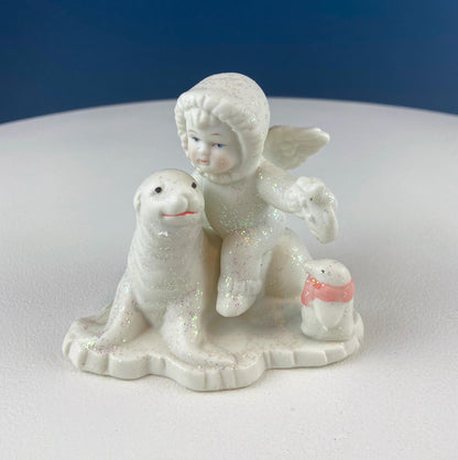 Polar Pals Playing in Snow Under Lit Christmas Tree. 3 White Porcelain Cupid Figurines Celebrating Friendship. Kids Room. Night Light. - Tampa Home & Garden Store