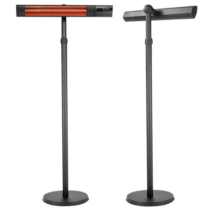 Two black metal pole mounted electric patio heaters with round bases on Tampa Home & Garden Store