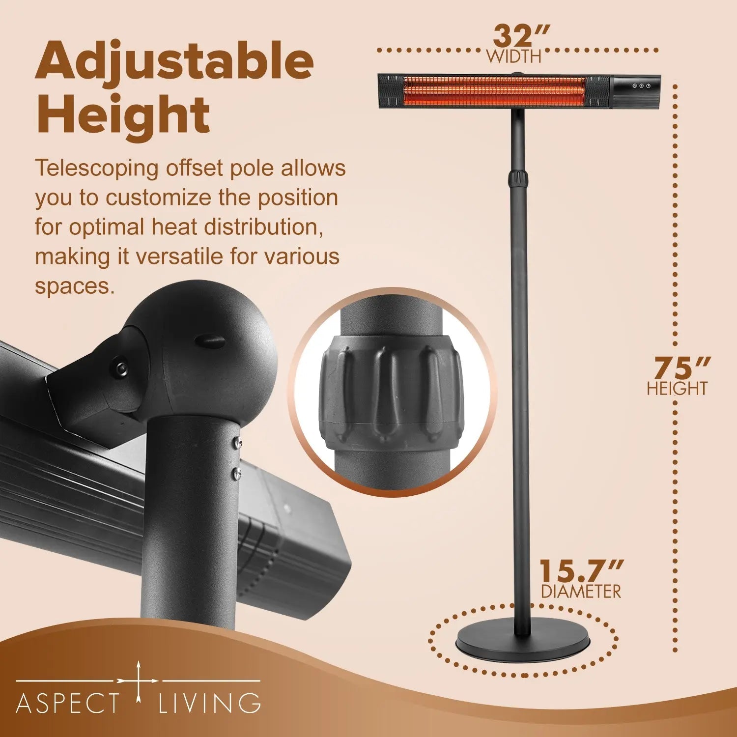 Pole mounted electric patio heater; adjustable height via telescoping offset pole on Tampa Home & Garden Store