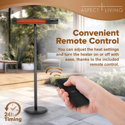 Pole Mounted Electric Patio Heater on black stand with red coil remote control Fire Sense on Tampa Home & Garden Store