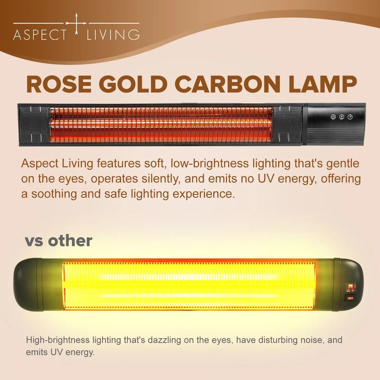 Pole Mounted Electric Patio Heater Fire Sense/Balkene Home with rose gold carbon lamp, black housing on Tampa Home & Garden Store