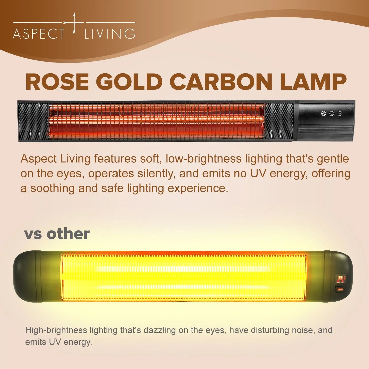 Pole Mounted Electric Patio Heater Fire Sense/Balkene Home with rose gold carbon lamp, black housing on Tampa Home & Garden Store