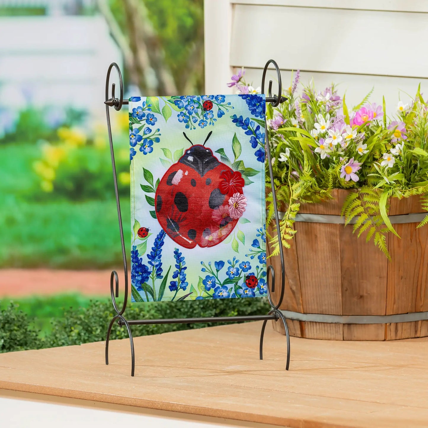 Pollinator Garden Blue Florals Ladybug Applique Garden Flag - Tampa Home & Garden Store