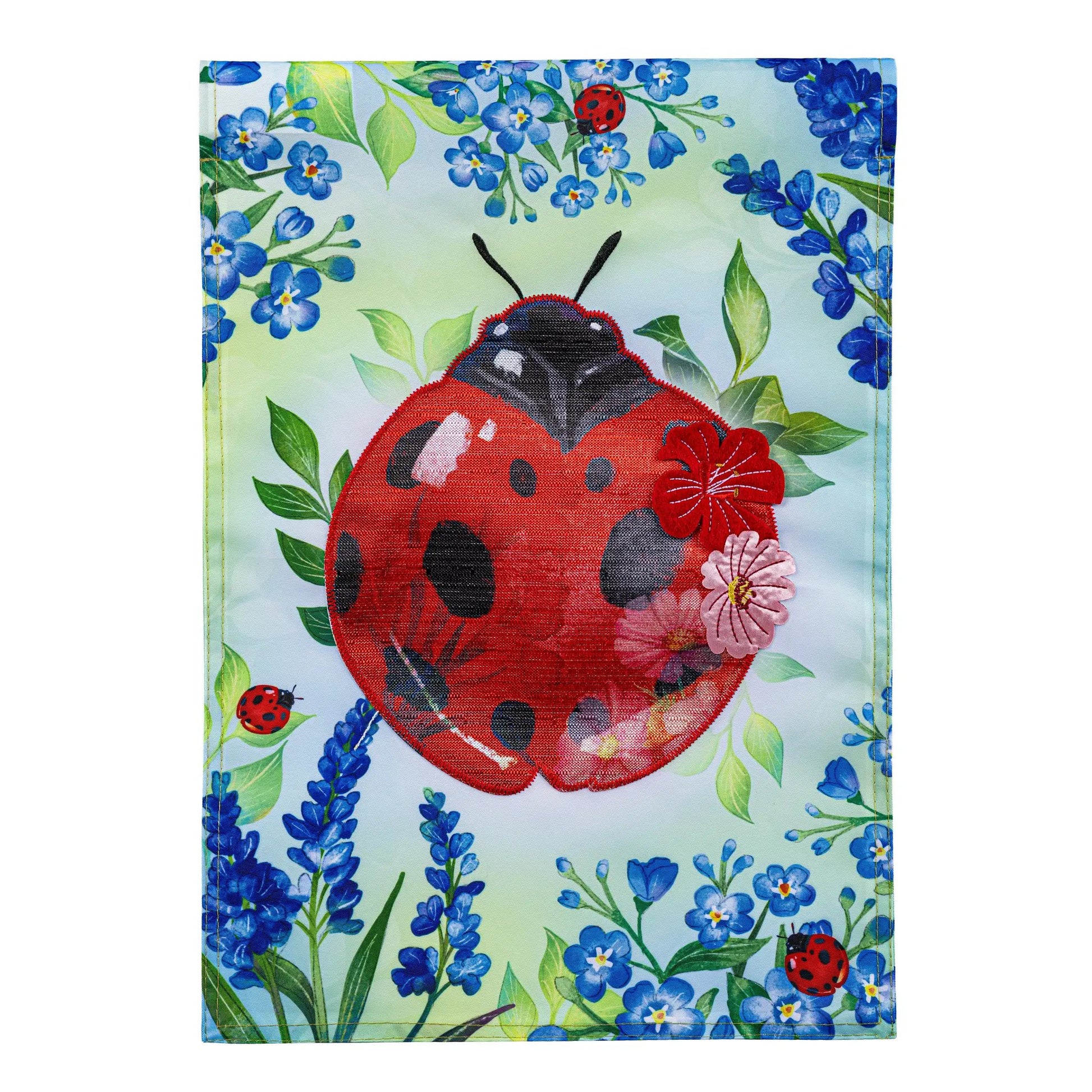Pollinator Garden Blue Florals Ladybug Applique Garden Flag - Tampa Home & Garden Store