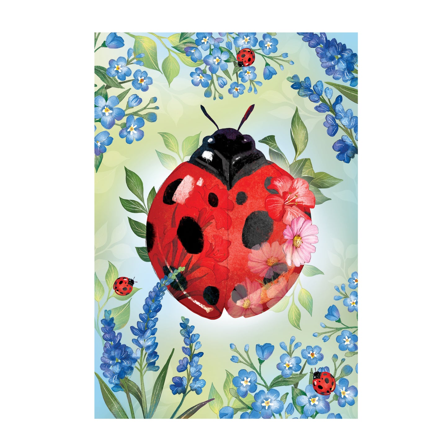 Pollinator Garden Blue Florals Ladybug Applique House Flag - Tampa Home & Garden Store