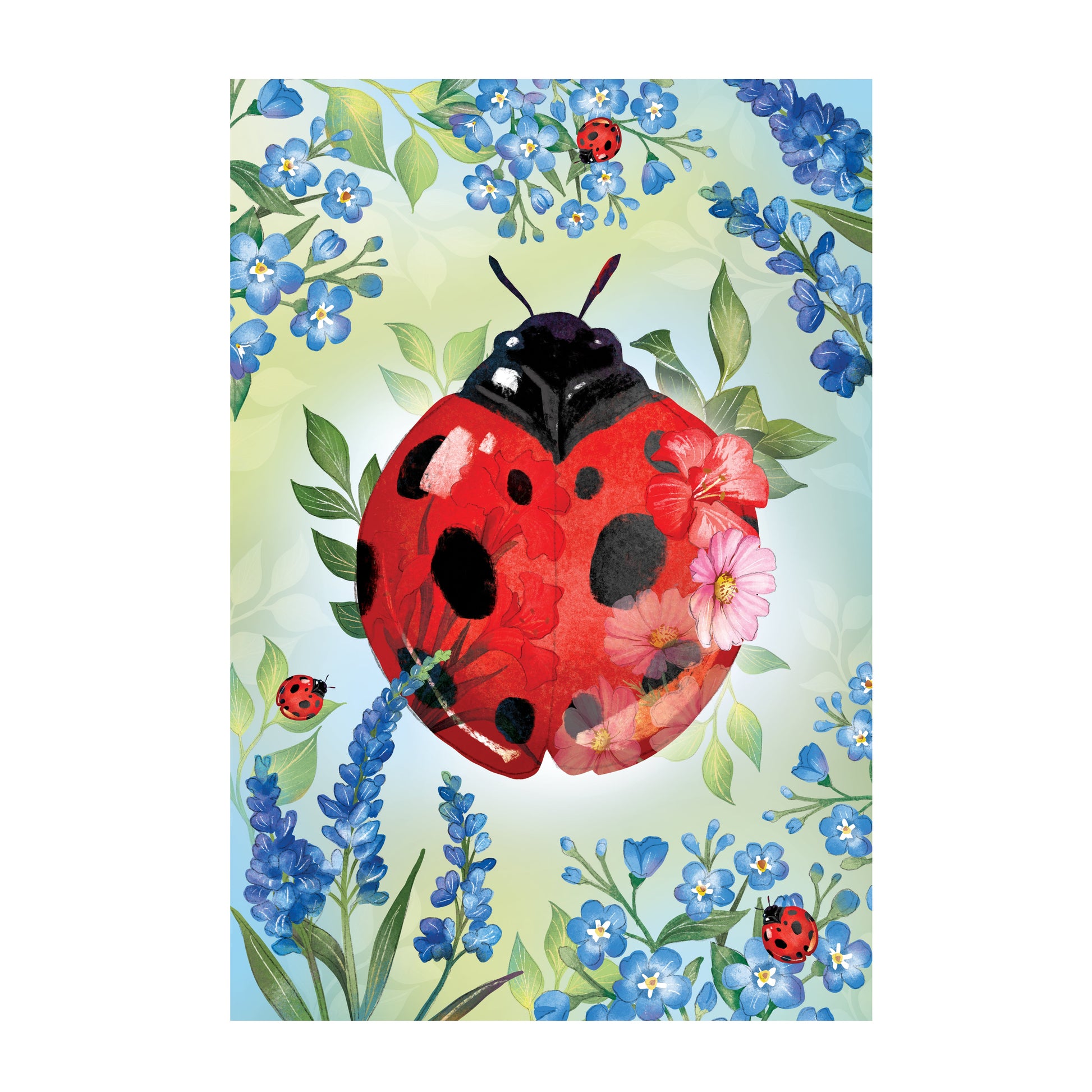 Pollinator Garden Blue Florals Ladybug Applique House Flag - Tampa Home & Garden Store