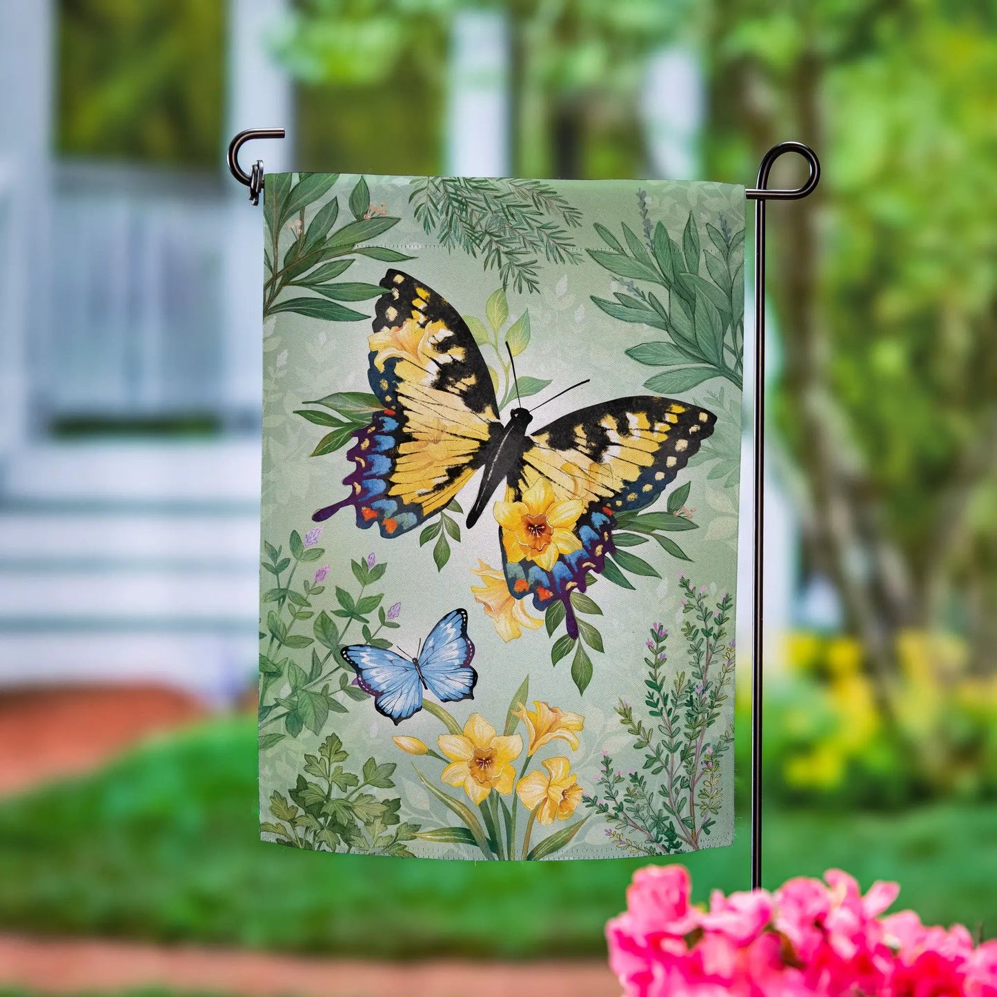 Pollinator Garden Green & Yellow Florals Monarch Butterfly Suede Garden Flag - Tampa Home & Garden Store