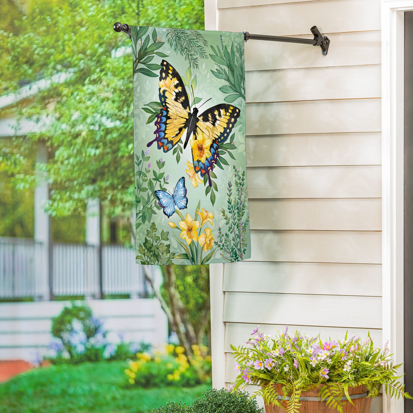Pollinator Garden Green & Yellow Florals Monarch Butterfly Suede House Flag - Tampa Home & Garden Store