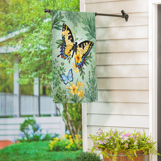 Pollinator Garden Butterfly Florals Suede Flag green background with monarch butterfly on Tampa Home & Garden Store