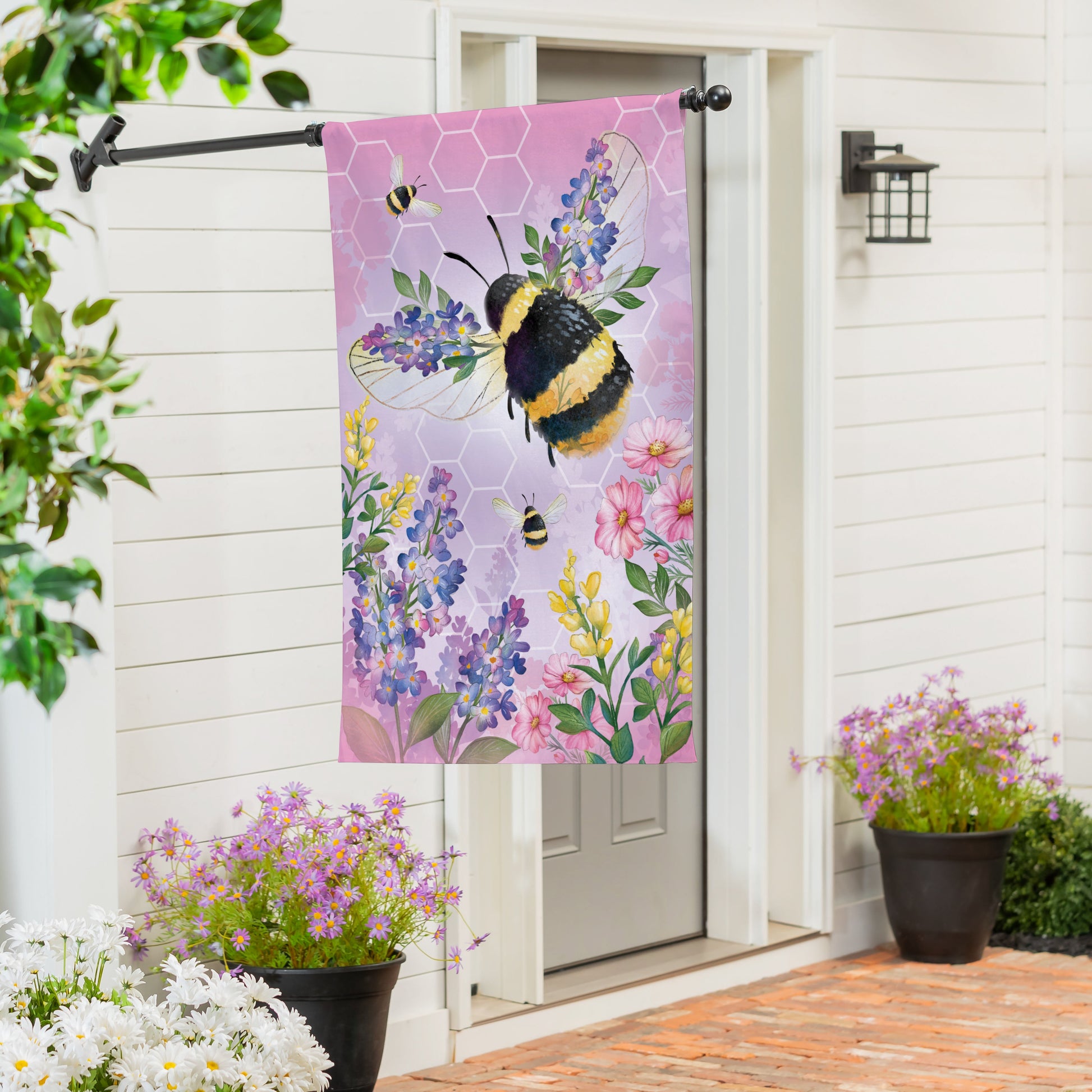 Pollinator Garden Pink Florals Bee Burlap House Flag - Tampa Home & Garden Store