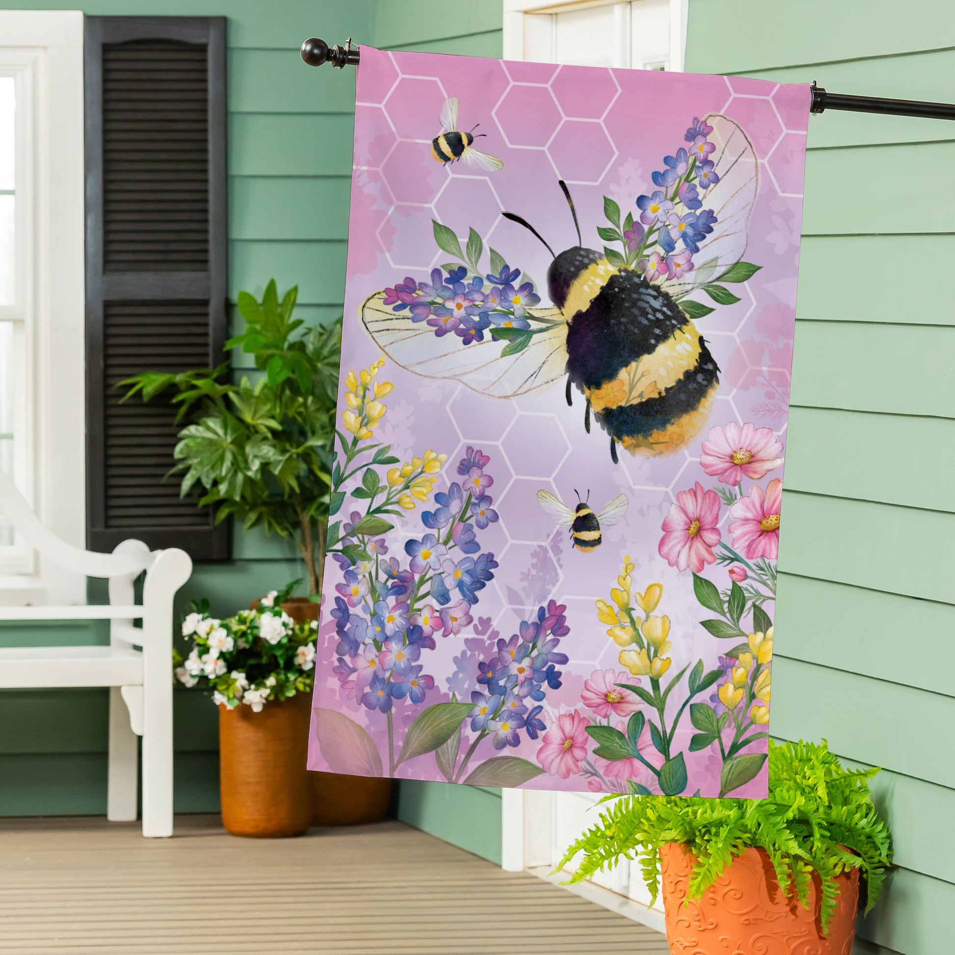 Pollinator Garden Pink Florals Bee Burlap House Flag - Tampa Home & Garden Store