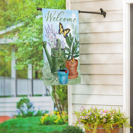 Pollinator Garden Suede House Flag by Evergreen with butterfly and lavender motif on Tampa Home & Garden Store