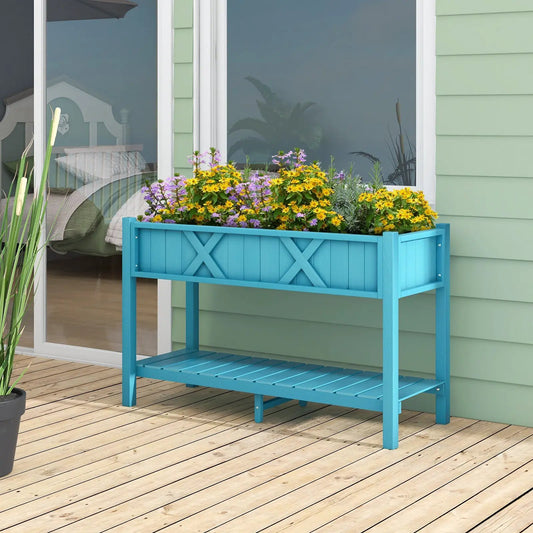 Poly Wood Elevated Planter Box with Legs Storage Shelf Drainage Holes-Blue - Tampa Home & Garden Store