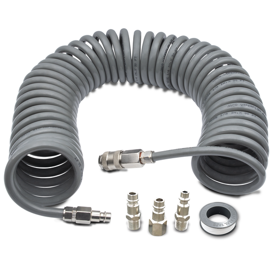 Polyurethane Coiled Air Hose Kit - 1/4" x 30 ft | with Air Compressor Fittings - Tampa Home & Garden Store