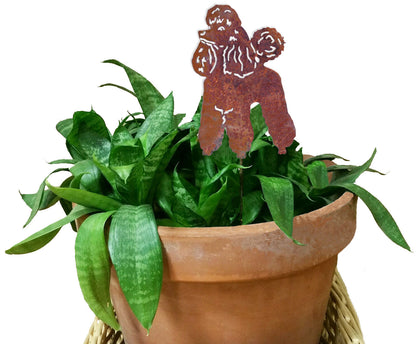 Poodle plant stake in rusty metal by Rustica Ornamentals in a terracotta pot with green leaves on Tampa Home & Garden Store