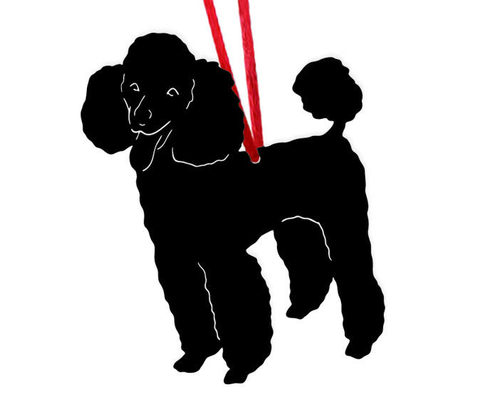 Poodle plant stake silhouette, black metal with red cords, Rustica Ornamentals on Tampa Home & Garden Store