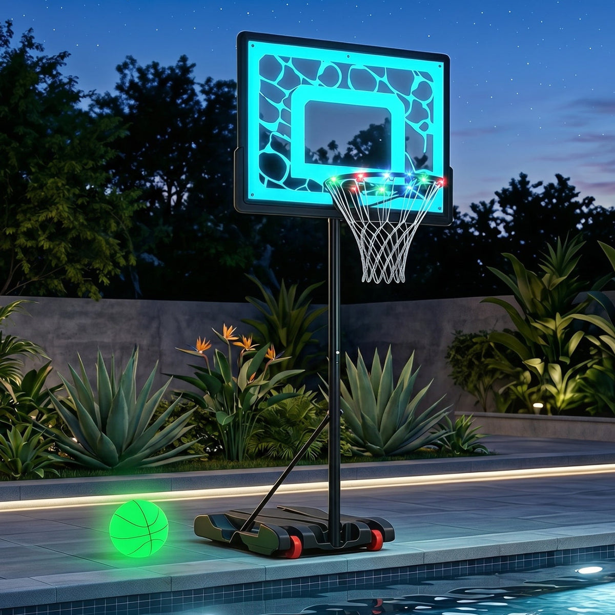 DirectDeals adjustable pool basketball hoop with LED lights, blue glow backboard, neon ball on Tampa Home & Garden Store