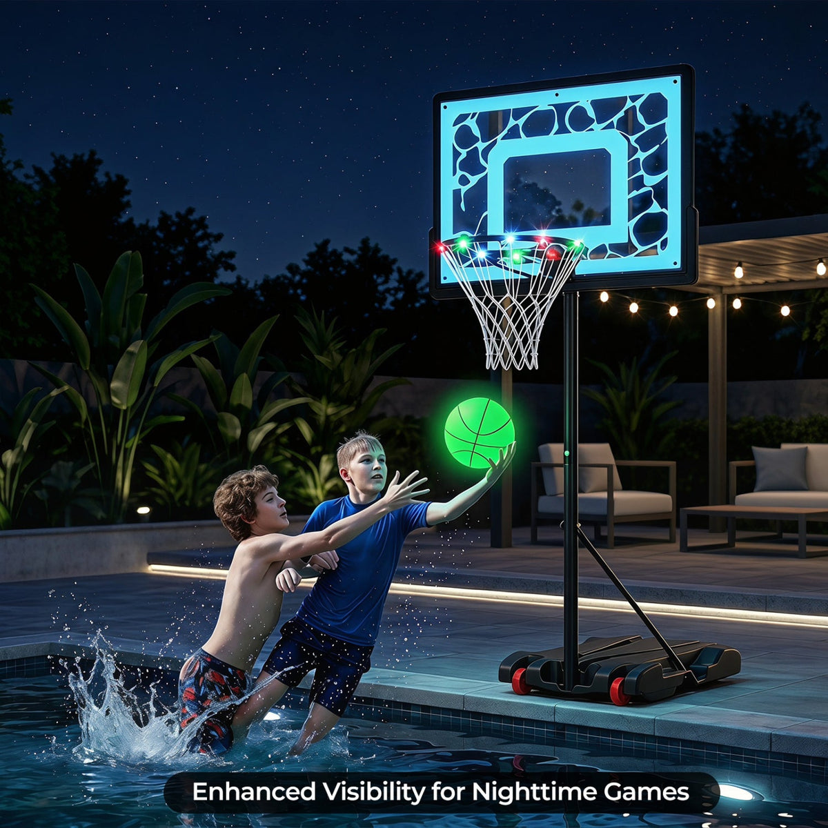 Adjustable Pool Basketball Hoop with LED Lights by DirectDeals, poolside night setup on Tampa Home & Garden Store