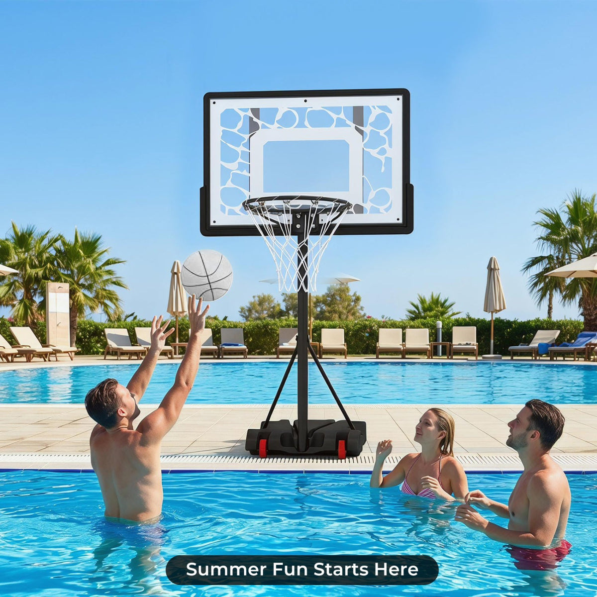 Adjustable pool basketball hoop with LED lights DirectDeals, black frame on a wheeled base on Tampa Home & Garden Store