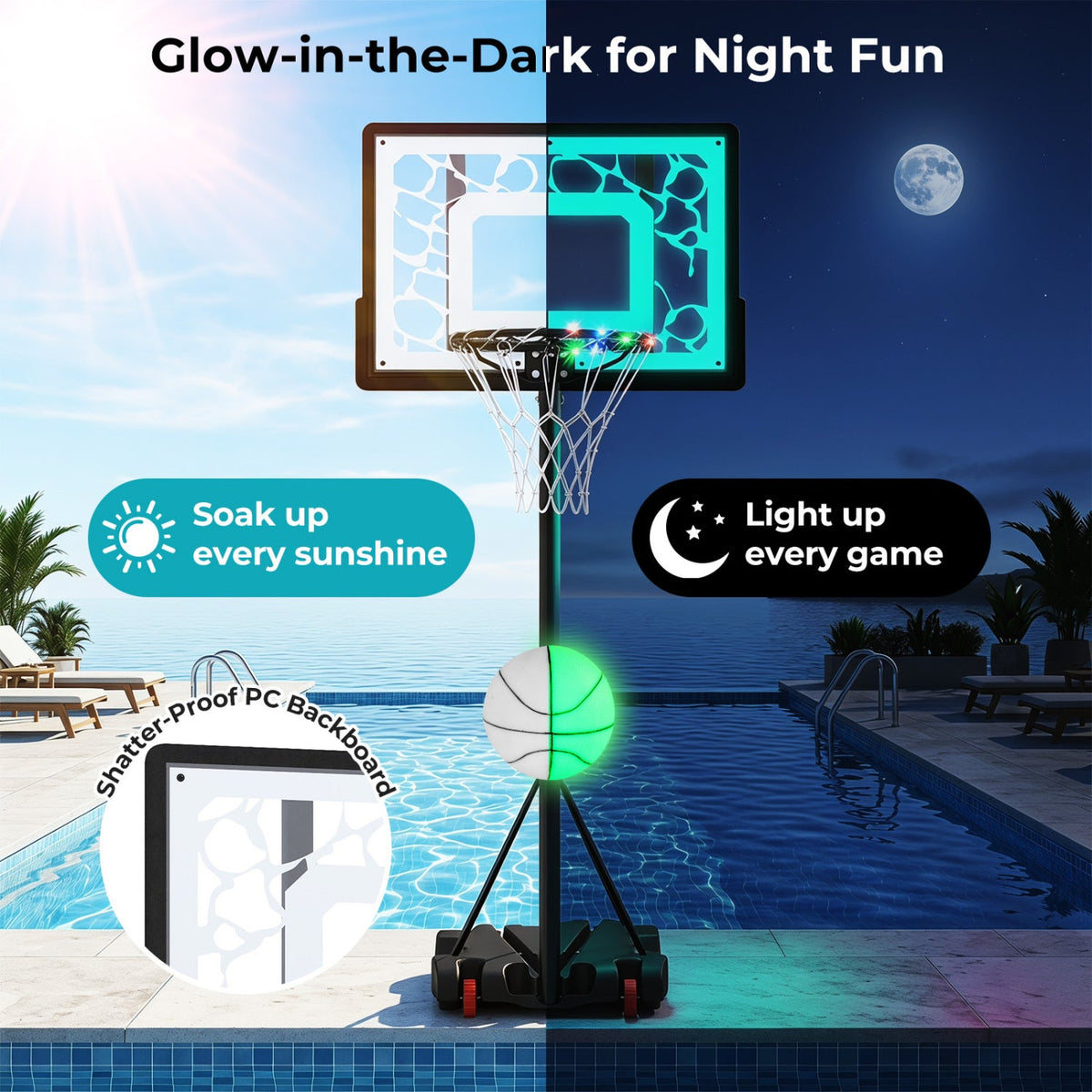 Adjustable Pool Basketball Hoop with LED Lights by DirectDeals, night glow, wheeled base on Tampa Home & Garden Store