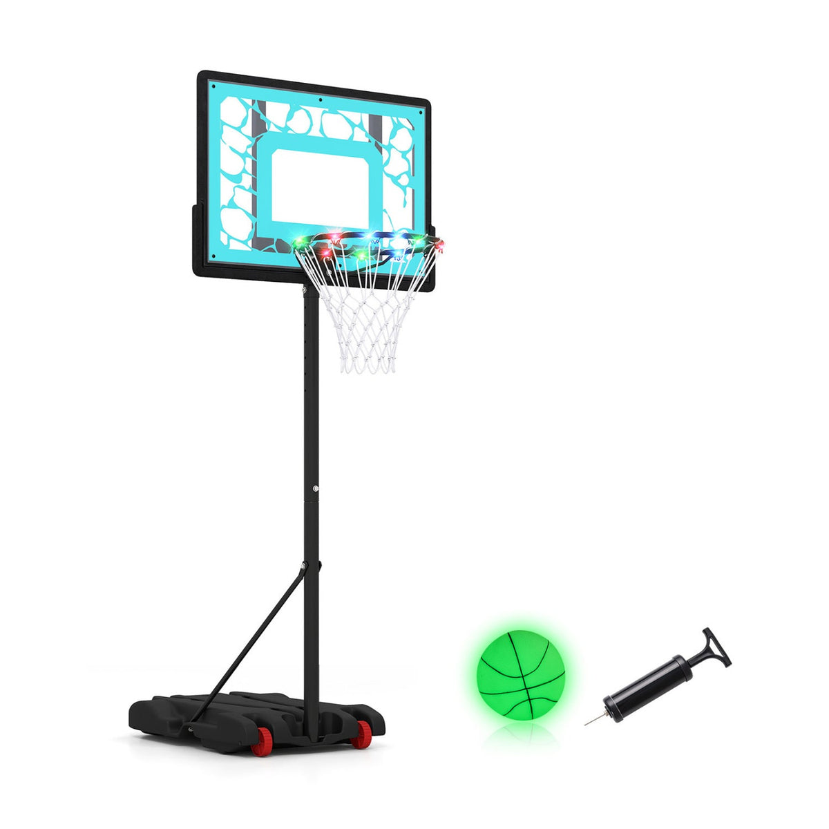Adjustable pool basketball hoop with LED lights DirectDeals, black pole and turquoise backboard on Tampa Home & Garden Store