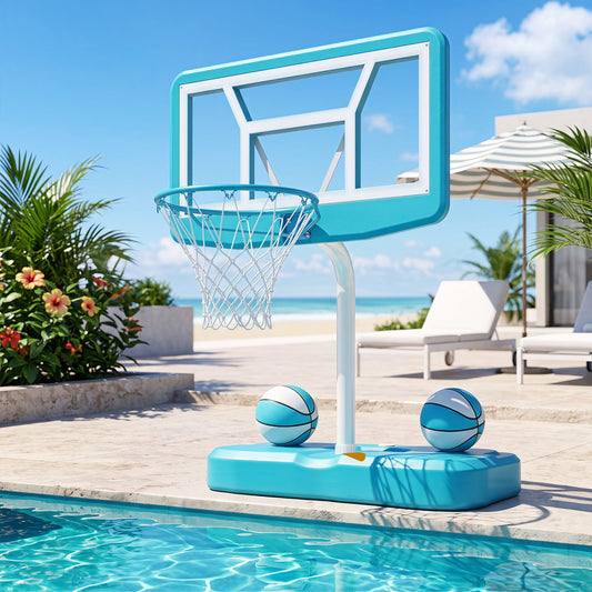 Pool basketball hoop set by DirectDeals with turquoise backboard, white net, 2 balls and pump on Tampa Home & Garden Store