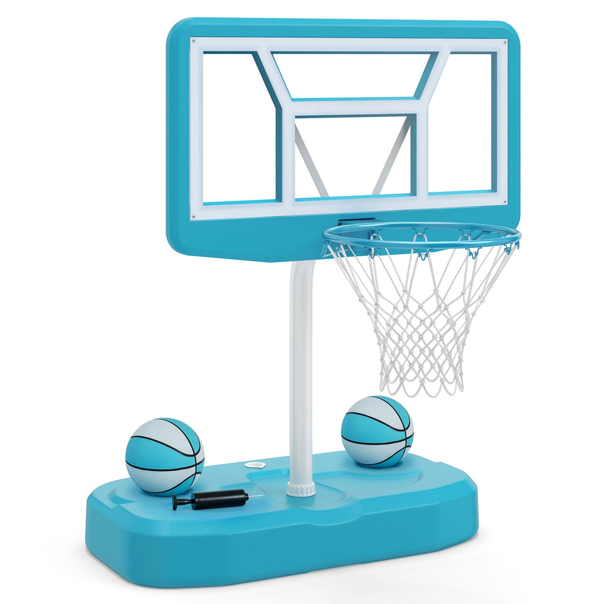 Pool basketball hoop set with blue backboard, two blue balls and pump by DirectDeals on Tampa Home & Garden Store
