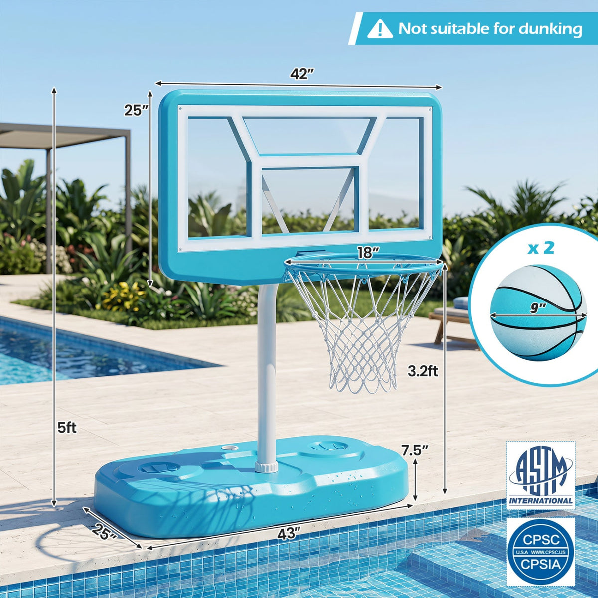 Pool Basketball Hoop Set by DirectDeals with turquoise backboard and base, 2 balls and pump on Tampa Home & Garden Store