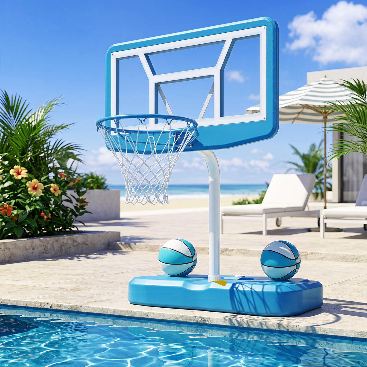 Pool basketball hoop set DirectDeals with blue backboard, 2 balls and pump by the pool on Tampa Home & Garden Store