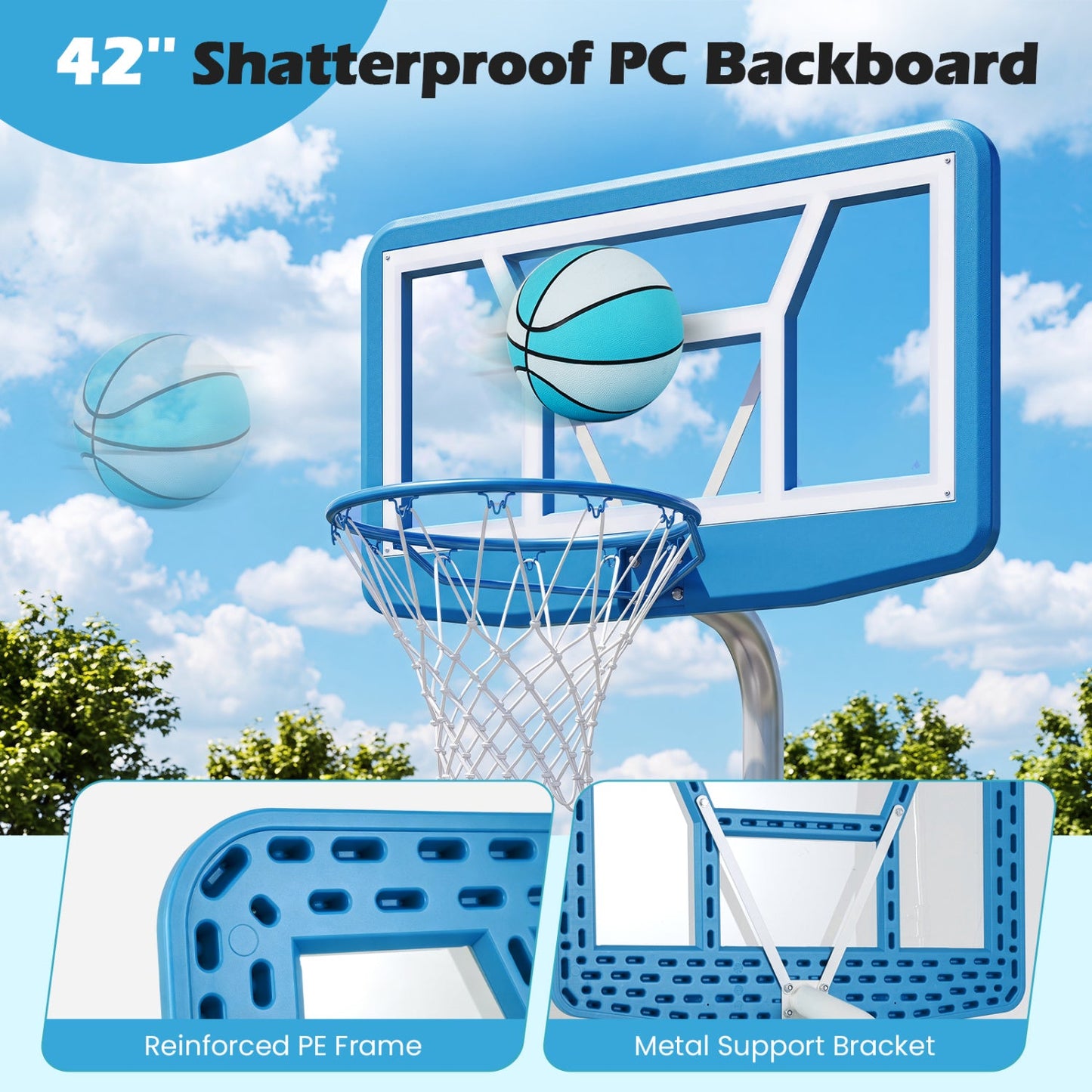 Pool basketball hoop by DirectDeals with 42in shatterproof PC backboard and 2 balls and pump on Tampa Home & Garden Store