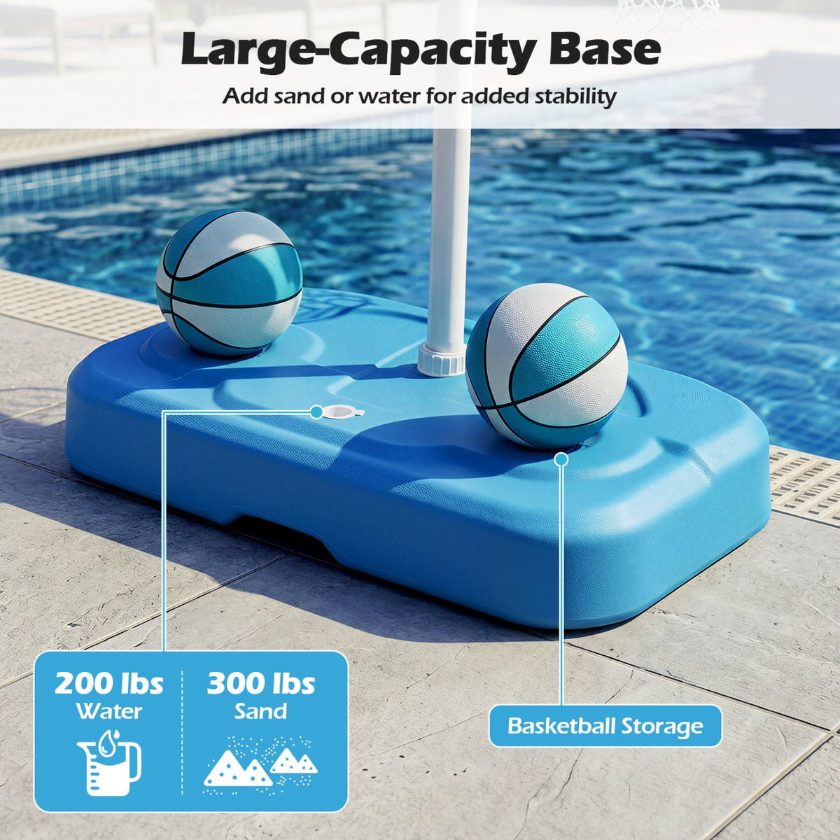 DirectDeals Pool Basketball Hoop Set with 2 balls and pump on a large blue base on Tampa Home & Garden Store
