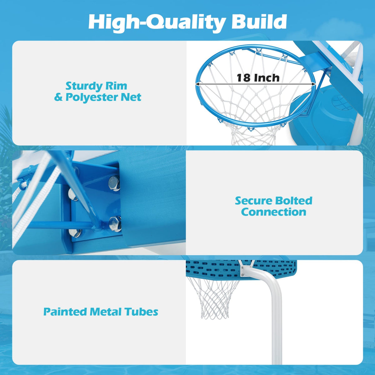Pool basketball hoop set by DirectDeals with 18-inch blue rim and net, includes 2 balls and pump on Tampa Home & Garden Store