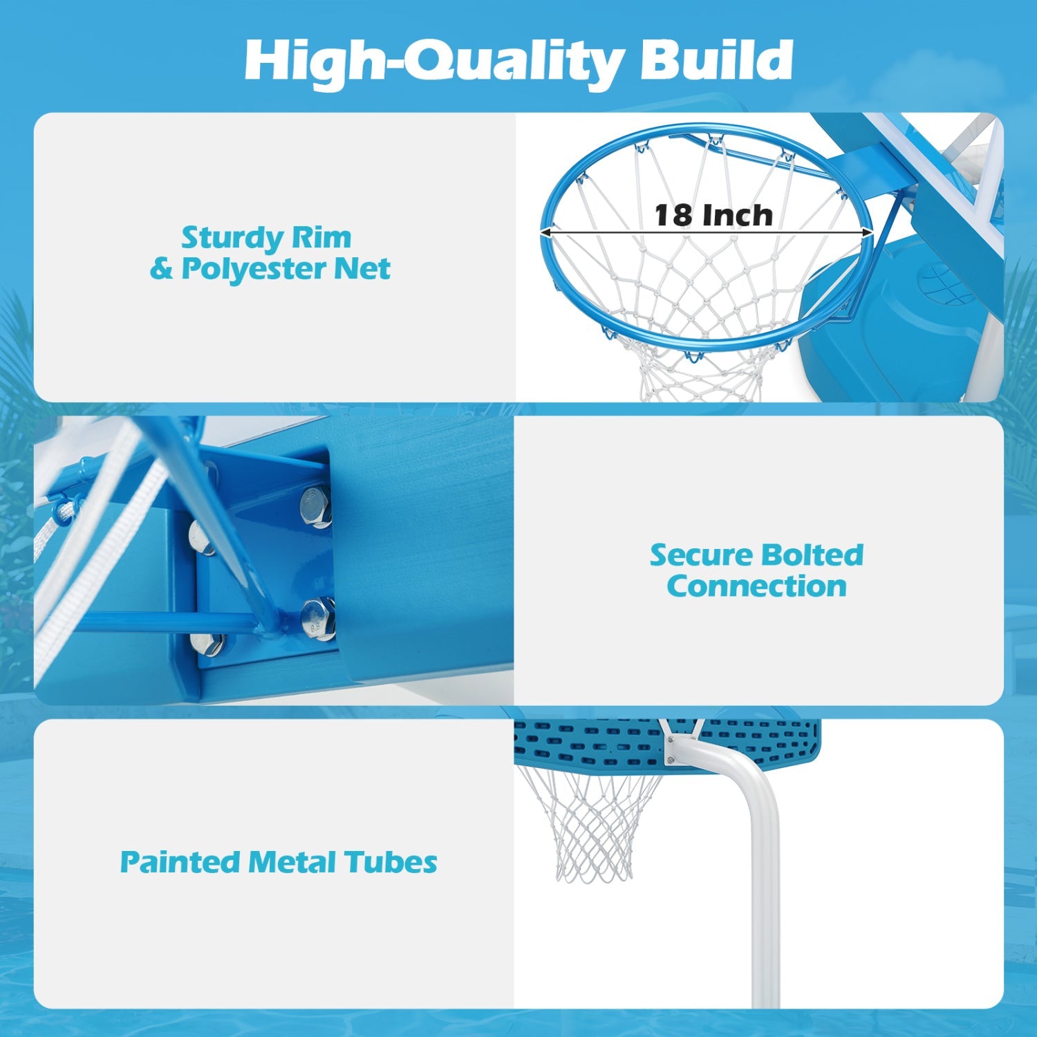 Pool basketball hoop set by DirectDeals with 18-inch blue rim and net, includes 2 balls and pump on Tampa Home & Garden Store