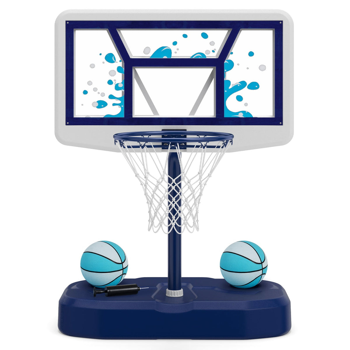 Pool basketball hoop set DirectDeals with 2 blue balls and pump, blue base and backboard on Tampa Home & Garden Store