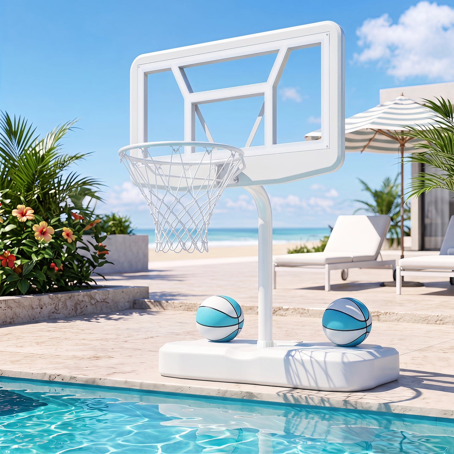 Pool basketball hoop set with 2 blue balls and pump, white backboard and pole by the pool on Tampa Home & Garden Store