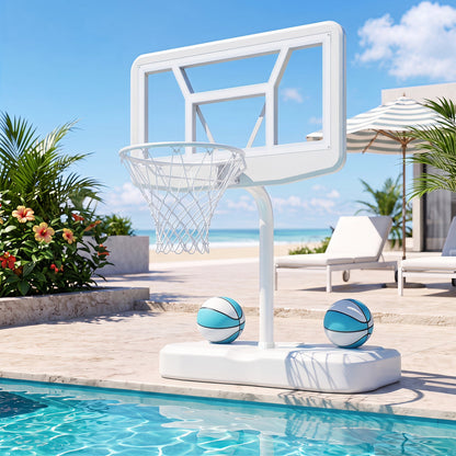 Pool basketball hoop set with 2 blue balls and pump, white backboard and pole by the pool on Tampa Home & Garden Store