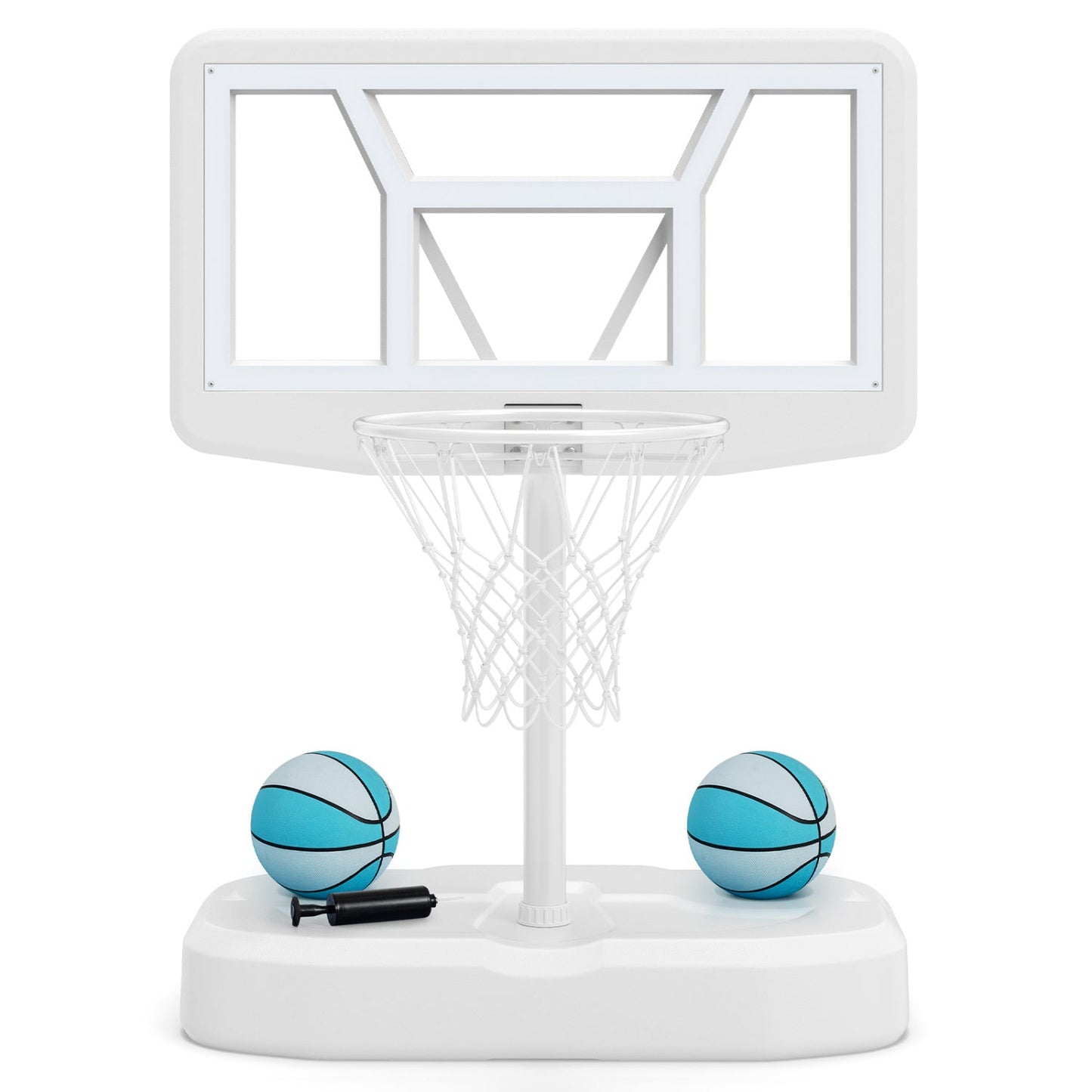 Pool Basketball Hoop Set by DirectDeals with 2 blue balls and pump, white backboard on Tampa Home & Garden Store