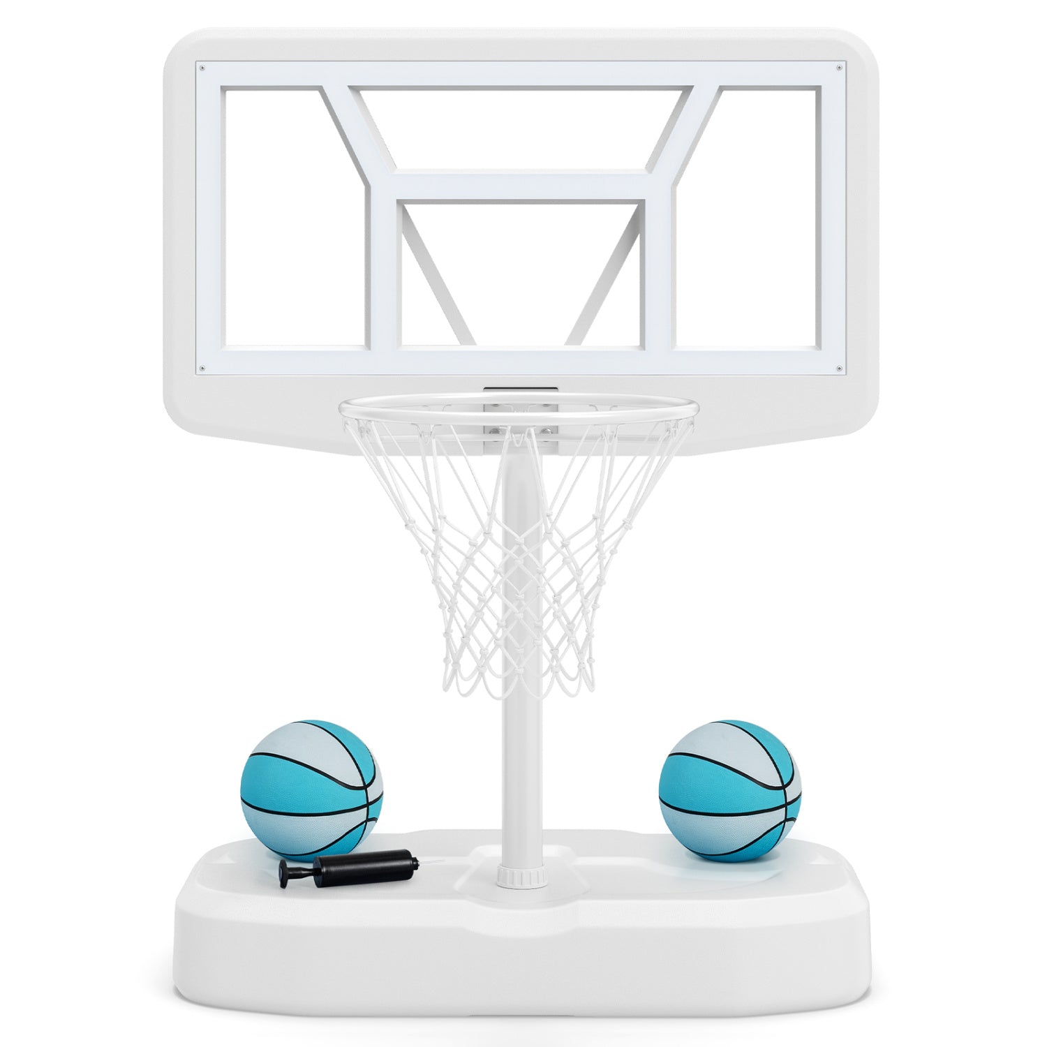 Pool Basketball Hoop Set by DirectDeals with 2 blue balls and pump, white backboard on Tampa Home & Garden Store