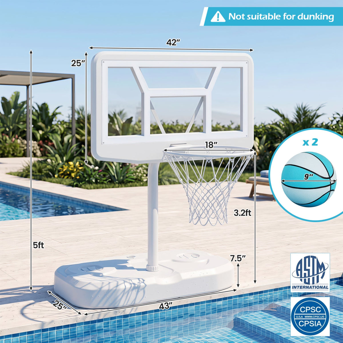Pool basketball hoop set by DirectDeals with 2 balls and pump, white backboard and base on Tampa Home & Garden Store