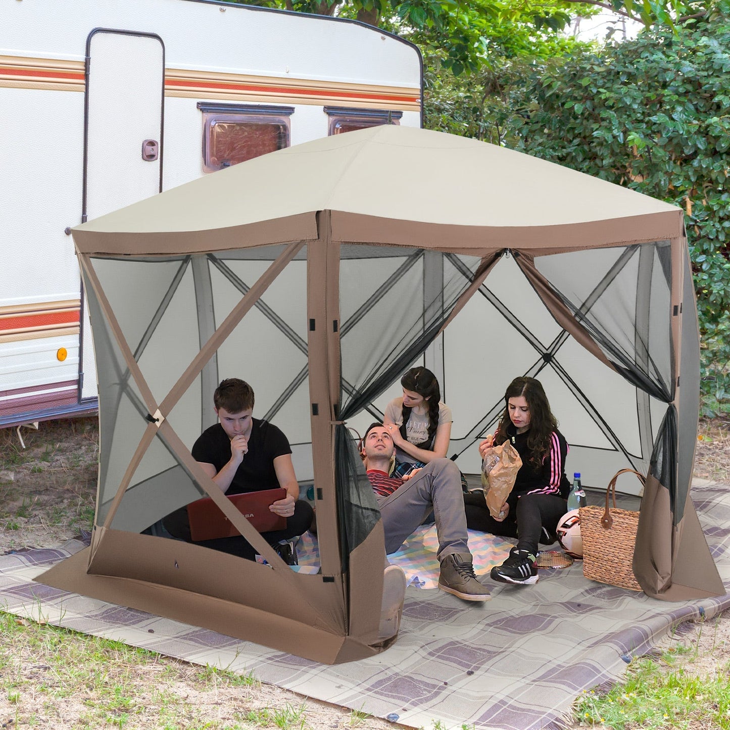 GemGear 6-sided pop-up gazebo with beige fabric and mesh walls, group of people inside on Tampa Home & Garden Store