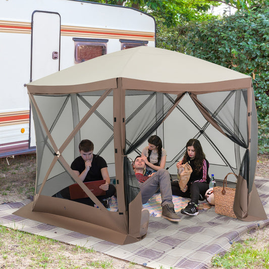 GemGear 6-sided pop-up gazebo with beige fabric and mesh walls, group of people inside on Tampa Home & Garden Store