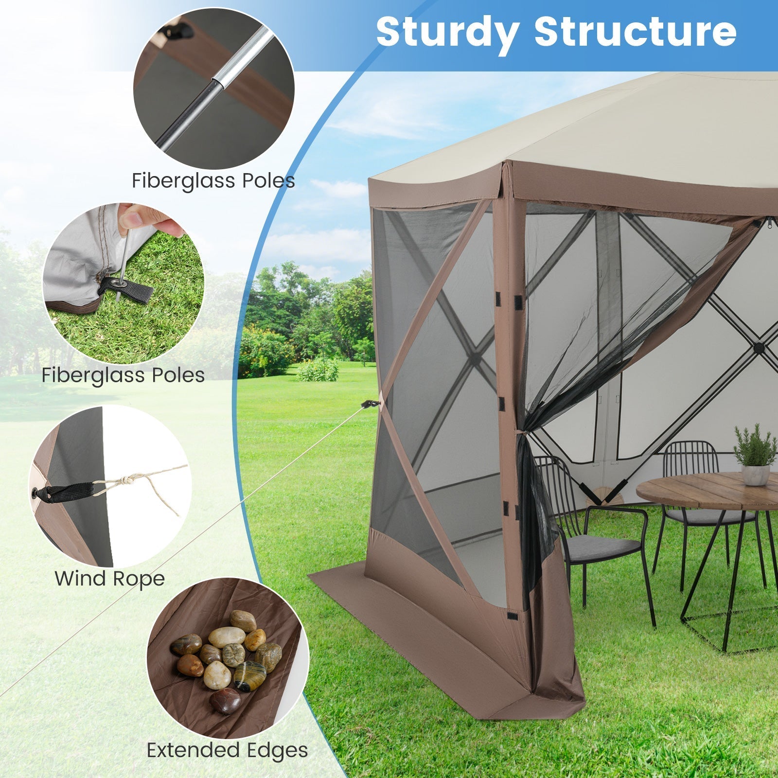 GemGear 6-sided pop-up gazebo with mesh walls screen house coffee color fiberglass poles on Tampa Home & Garden Store