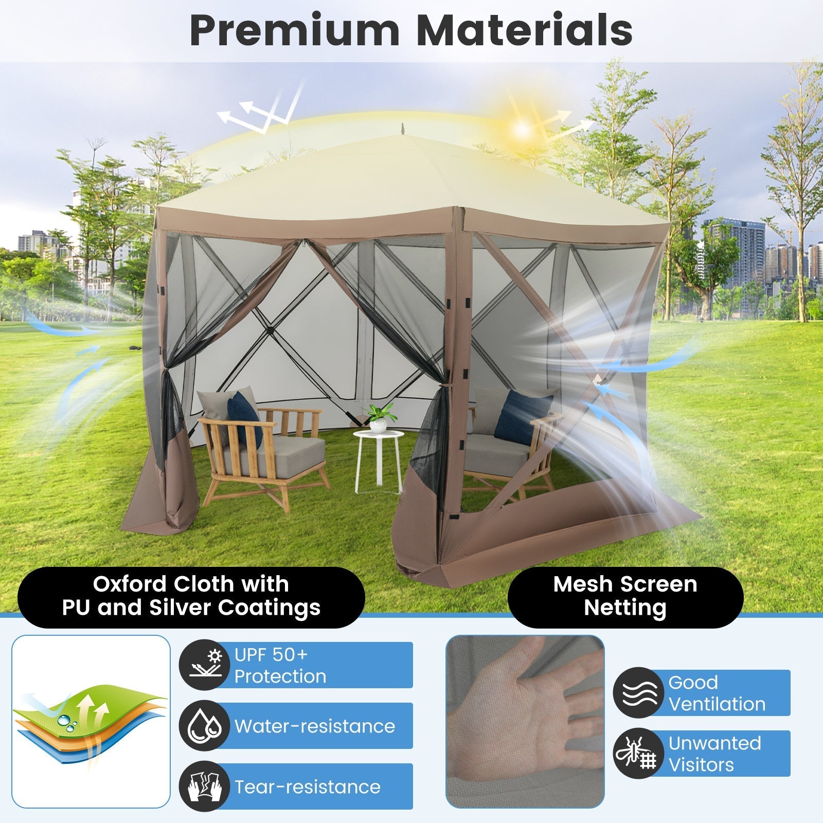 GemGear six-sided pop-up gazebo in coffee brown with mesh screen walls and outdoor seating on Tampa Home & Garden Store