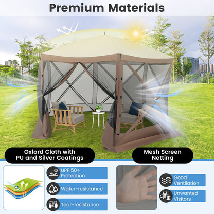 GemGear six-sided pop-up gazebo in coffee brown with mesh screen walls and outdoor seating on Tampa Home & Garden Store