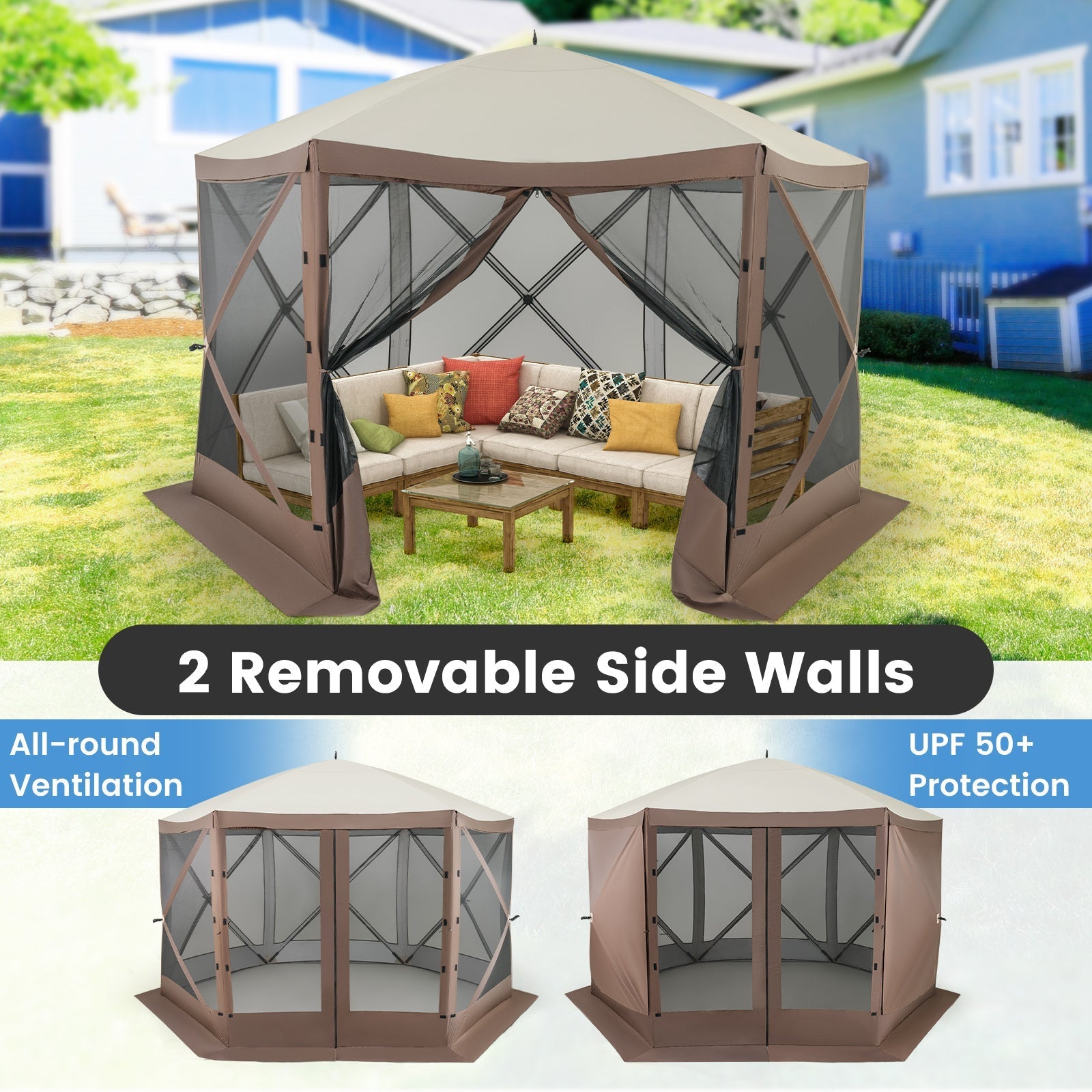 GemGear 6-sided pop-up gazebo with coffee-colored frame and mesh walls, cozy seating area inside on Tampa Home & Garden Store