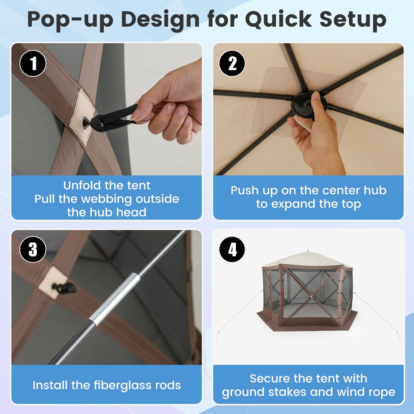 GemGear pop-up gazebo 6-sided screen house with coffee canopy and mesh walls; quick-setup steps on Tampa Home & Garden Store