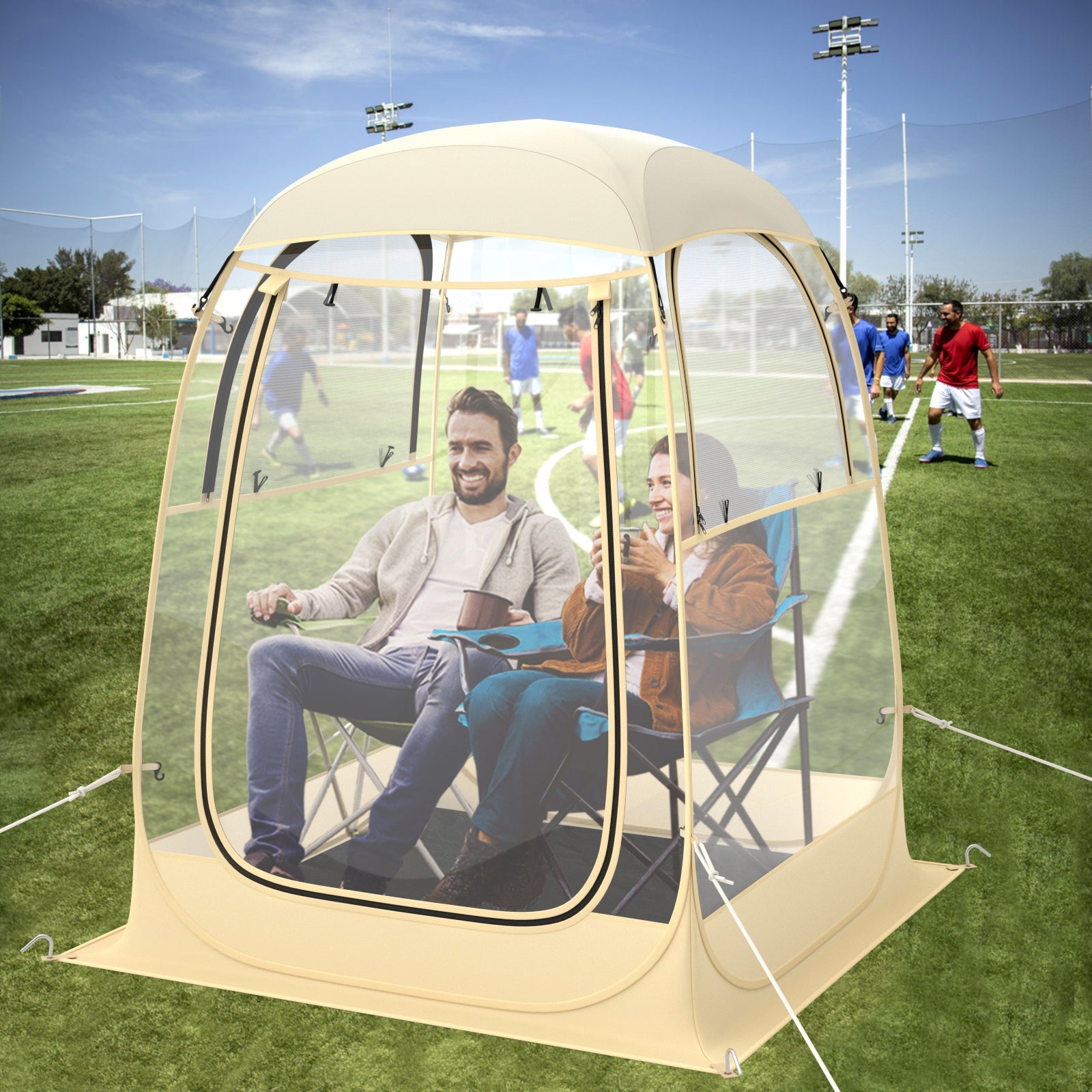 Instant pop-up sports tent tan with clear mesh panels, includes bag and floor mat on Tampa Home & Garden Store